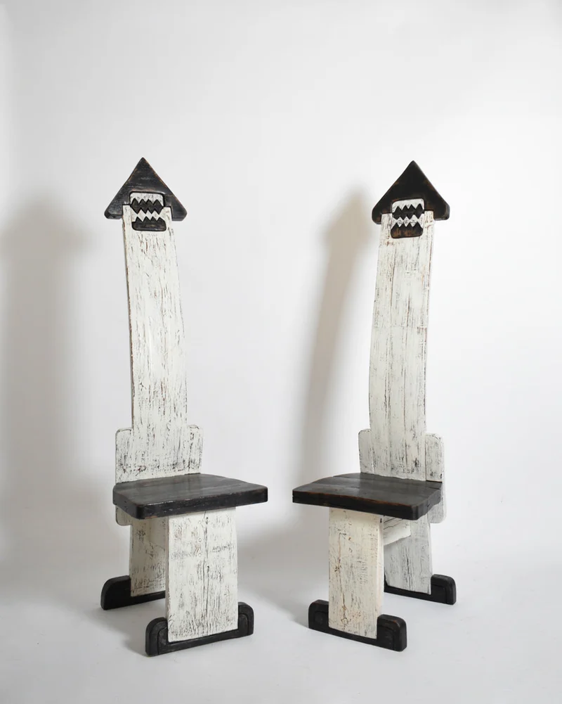 Pair of Bicolor Tainted Wood Chairs Totems, 1980s
