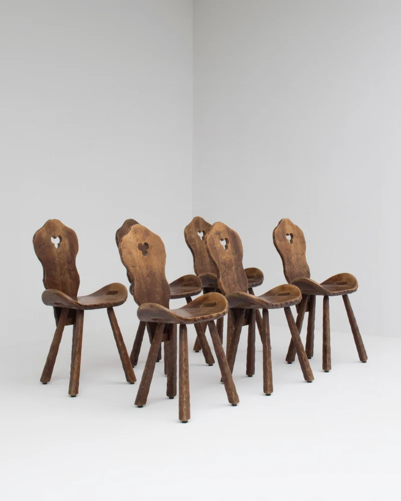 Set of 6 Brutalist Solid Wood Stools, 1970s