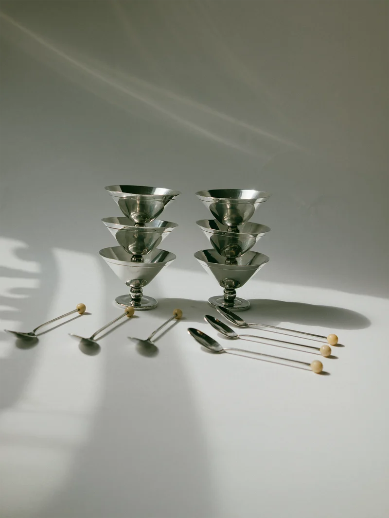 Set of 6 Art Deco Silver-Plated Ice Coupes, France, c. 1930s