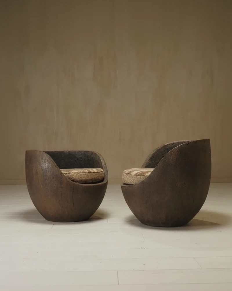 Sculptural mid-century hand-carved pair lounge chairs