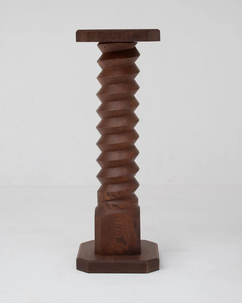 Sculptural Wooden Pillar in Solid Elm with Twisted Geometric Carving