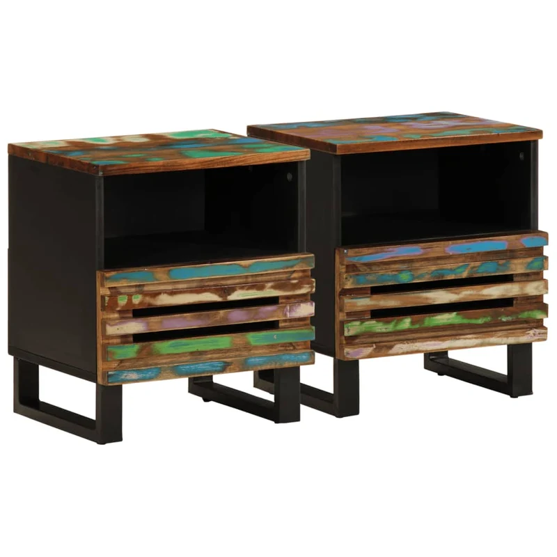 Lot de 2 tables de chevet avec tiroir et compartiment 40 x 34 x 46 cm bois massif de récupération et acier DEC034803