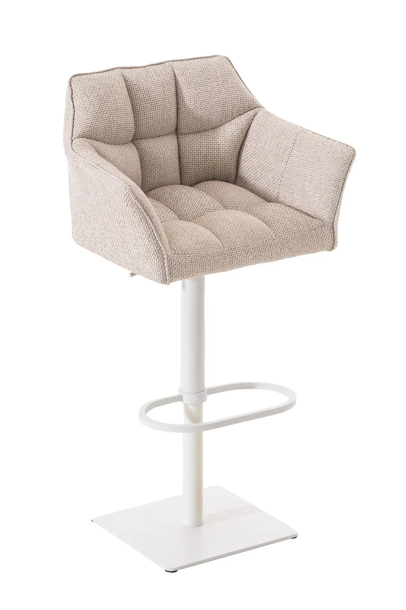Tabouret de bar chaise haute de comptoir couture carrées assise en tissu crème cadre en métal blanc 10_0004753