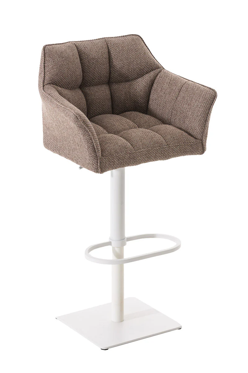Tabouret de bar chaise haute de comptoir couture carrées assise en tissu marron terre cadre en métal blanc 10_0004756