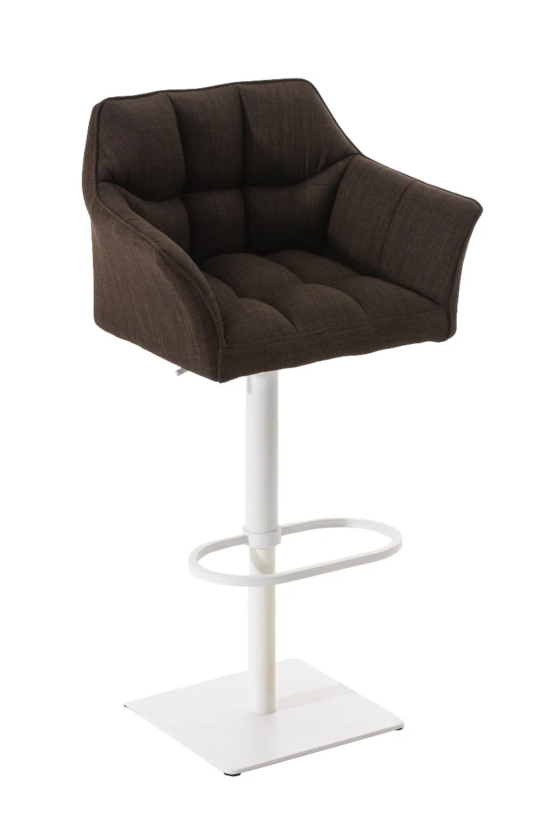 Tabouret de bar chaise haute de comptoir couture carrées assise en tissu marron cadre en métal blanc 10_0004752