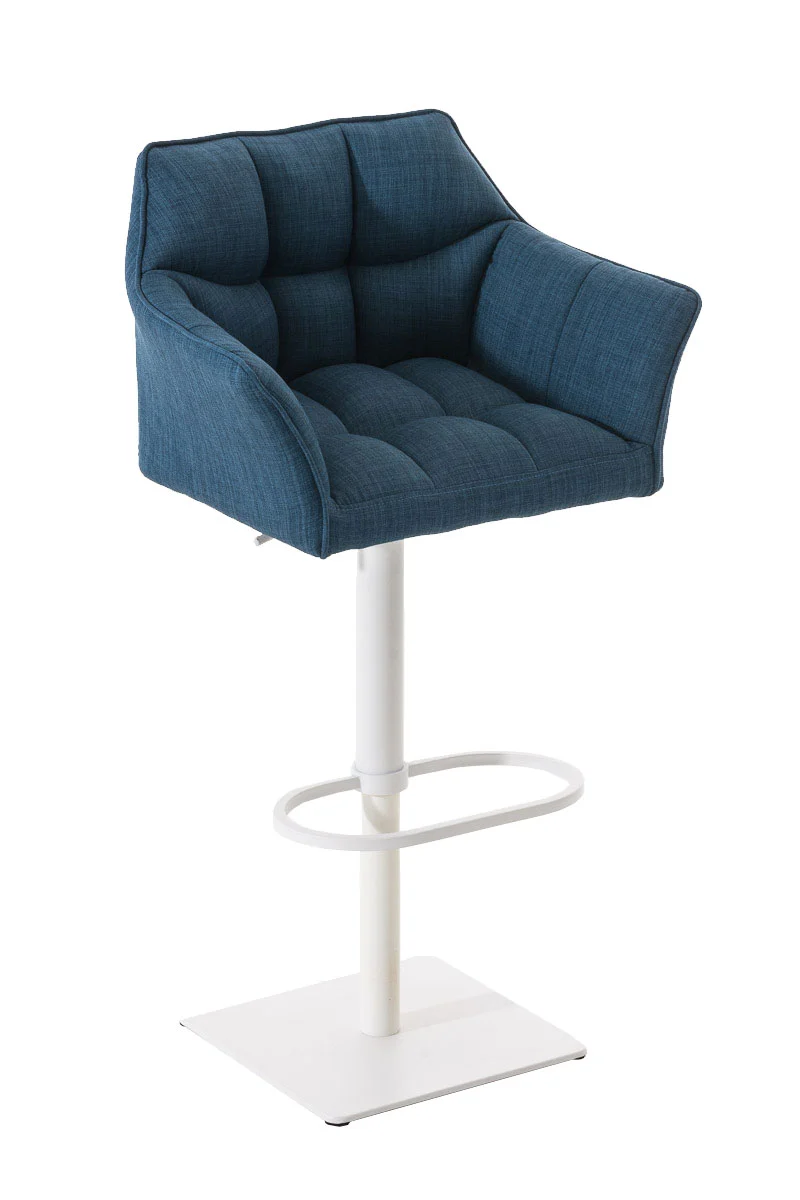 Tabouret de bar chaise haute de comptoir couture carrées assise en tissu bleu cadre en métal blanc 10_0004751