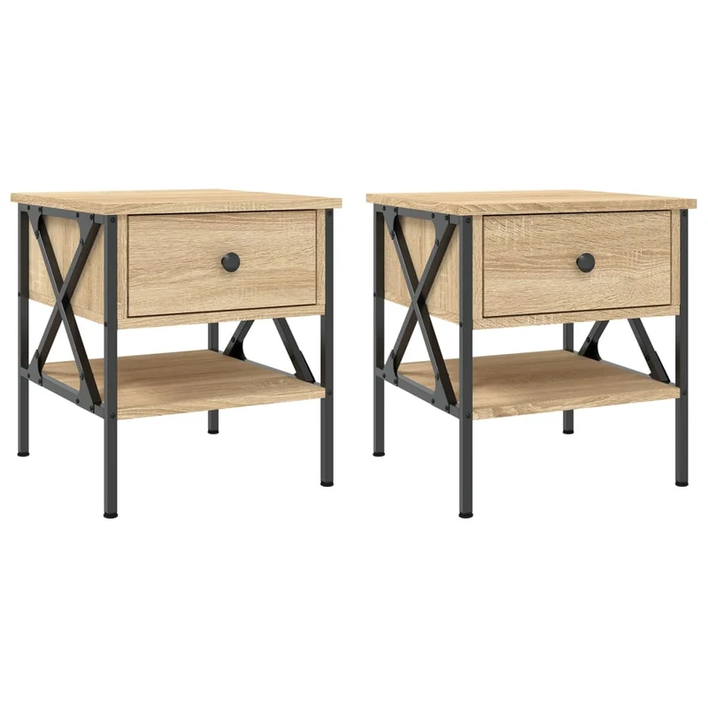 Lot de 2 tables de chevet avec tiroir et étagère 40 x 42 x 45 cm bois ingénierie couleur chêne et fer DEC035282