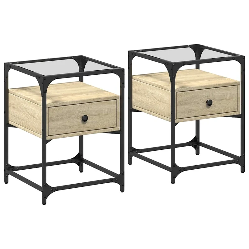 Lot de 2 tables de chevet avec tiroir 40 x 40 x 55 cm bois ingénierie acier et verre DEC035278