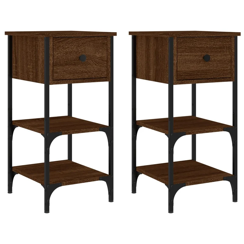 Lot de 2 tables de chevet avec tiroir et étagères 34 x 36 x 70 cm bois ingénierie marron et fer DEC035157