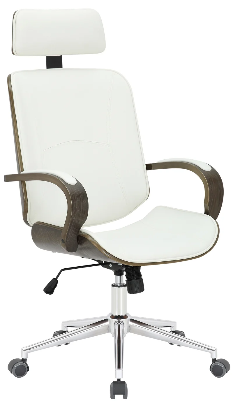 Chaise de bureau dossier et l'appuie-tête en métal PVC blanc et cadre en bois gris 10_0002456