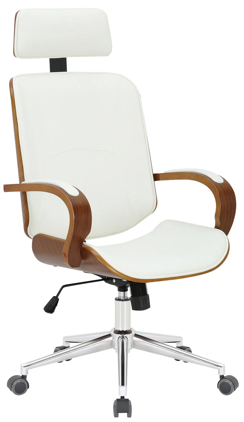 Chaise de bureau dossier et l'appuie-tête en métal PVC blanc et cadre en bois noyer 10_0002454