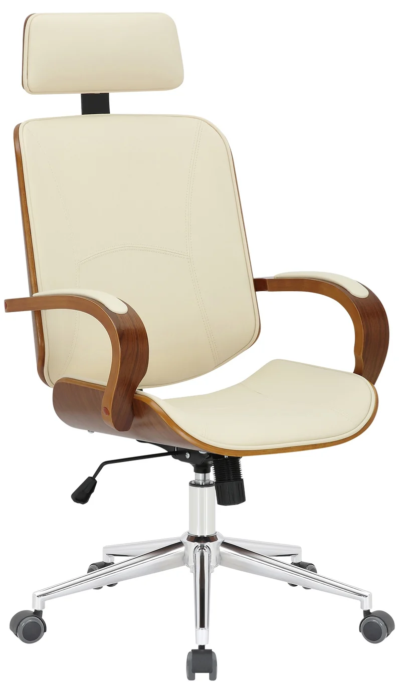 Chaise de bureau dossier et l'appuie-tête en métal PVC crème et cadre en bois noyer 10_0002453