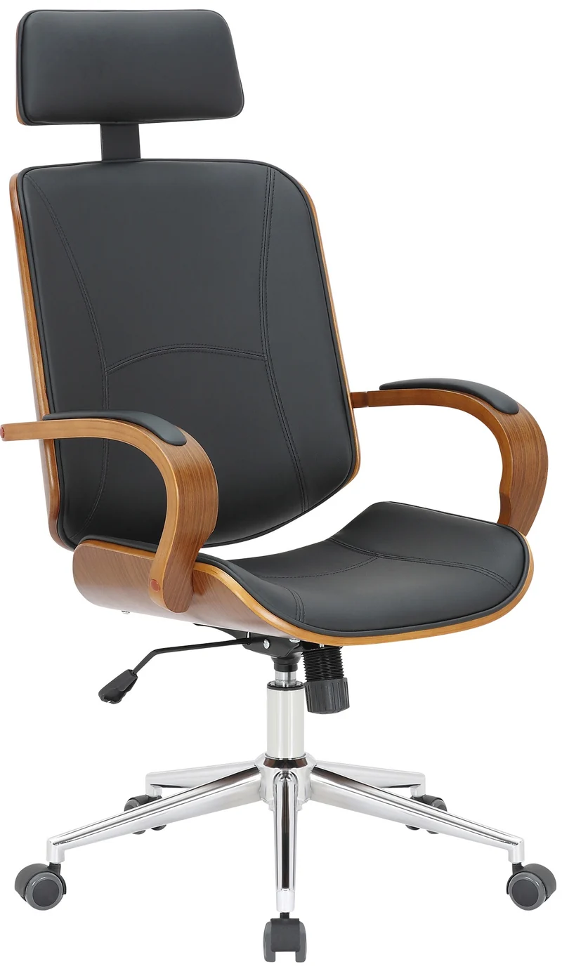 Chaise de bureau dossier et l'appuie-tête en métal PVC noir et cadre en bois noyer 10_0002452