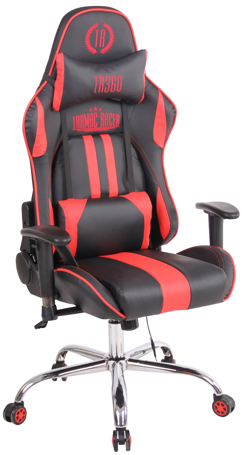 Fauteuil de bureau gamer design sportif fonction de massage chauffant avec coussins en PVC noir / rouge 10_0002528