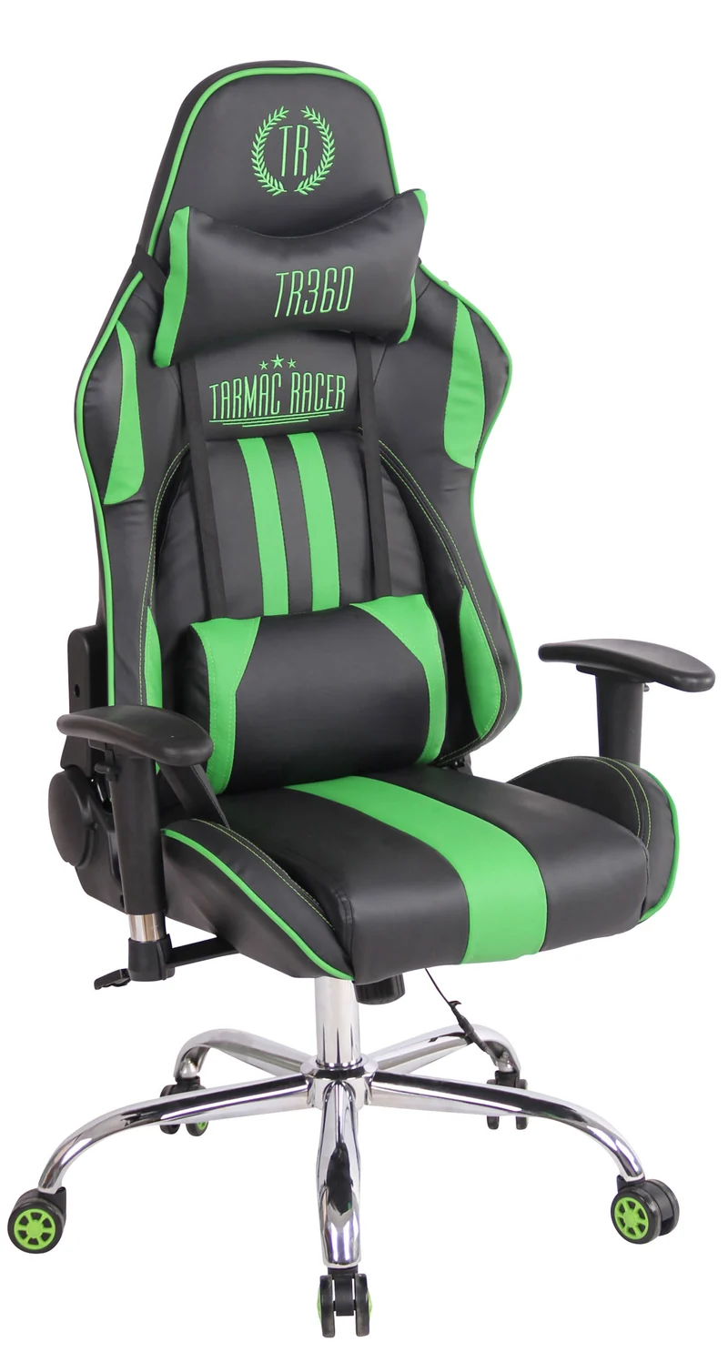 Fauteuil de bureau gamer design sportif fonction de massage chauffant avec coussins en PVC noir / vert 10_0002532