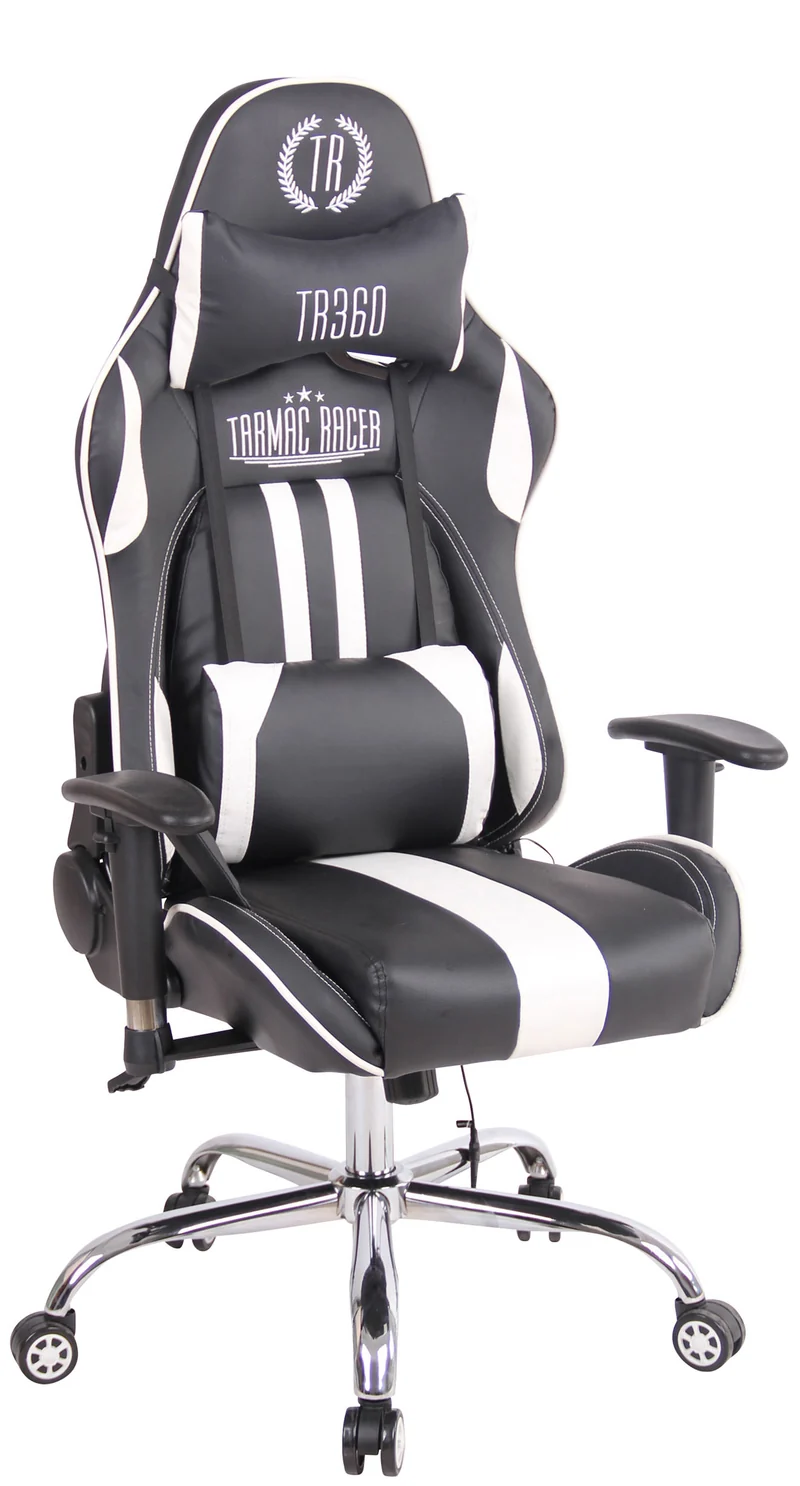 Fauteuil de bureau gamer design sportif fonction de massage chauffant avec coussins en PVC noir / blanc 10_0002529