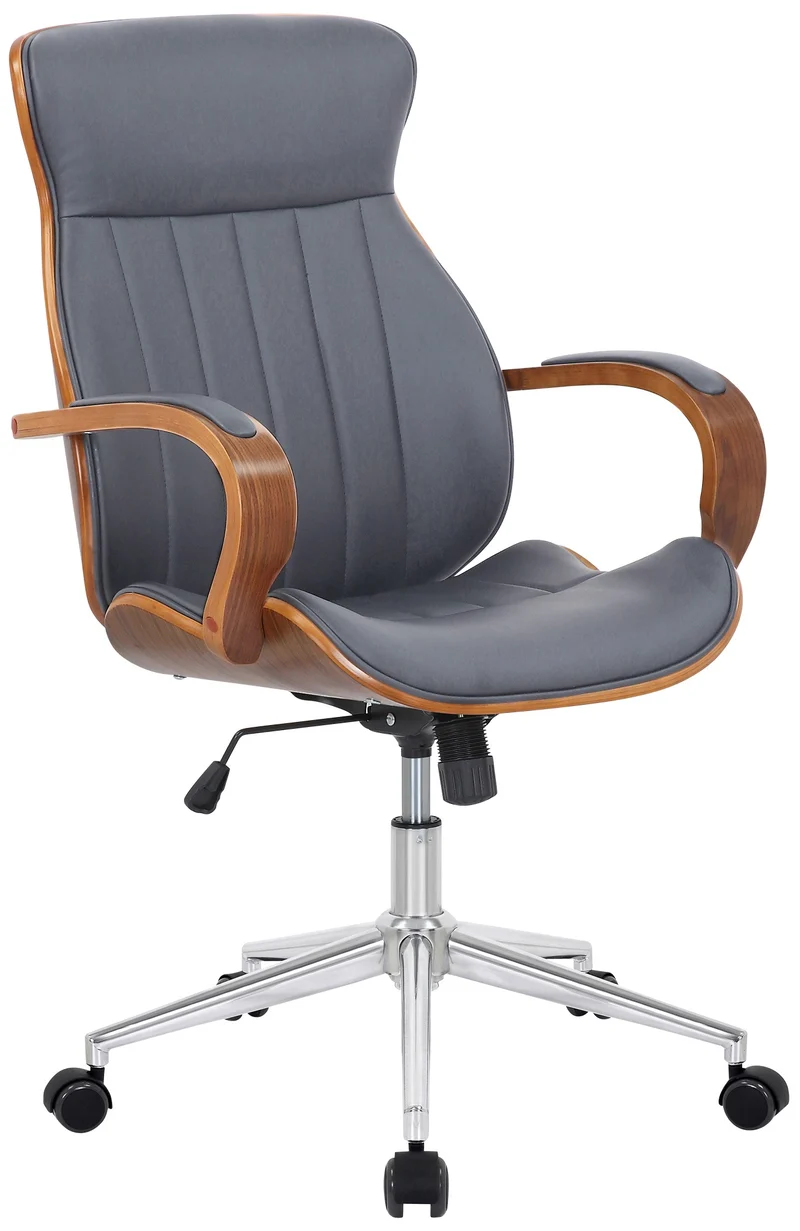 Fauteuil de bureau avec accoudoirs cadre robuste en bois courbé couleur noyer PVC gris et métal chromé 10_0002545