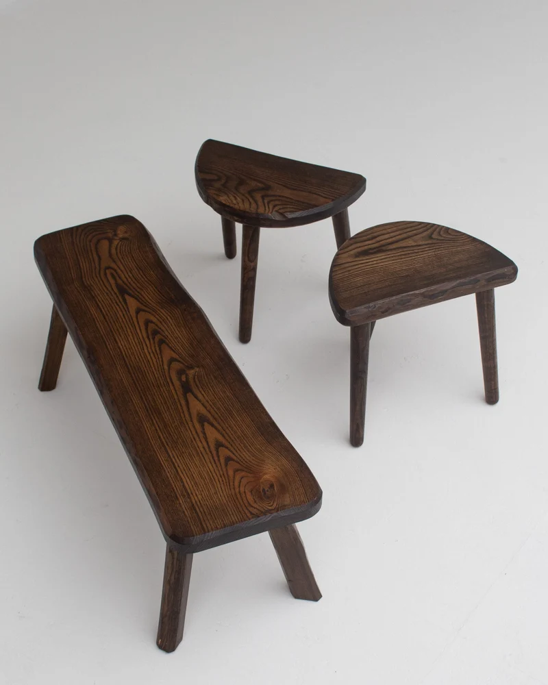 Mid Century Bench and Stools in Wood