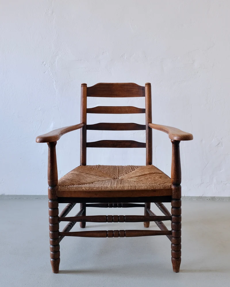 Rustic Bobbin Rush Seat Low Armchair, Netherlands 1940s