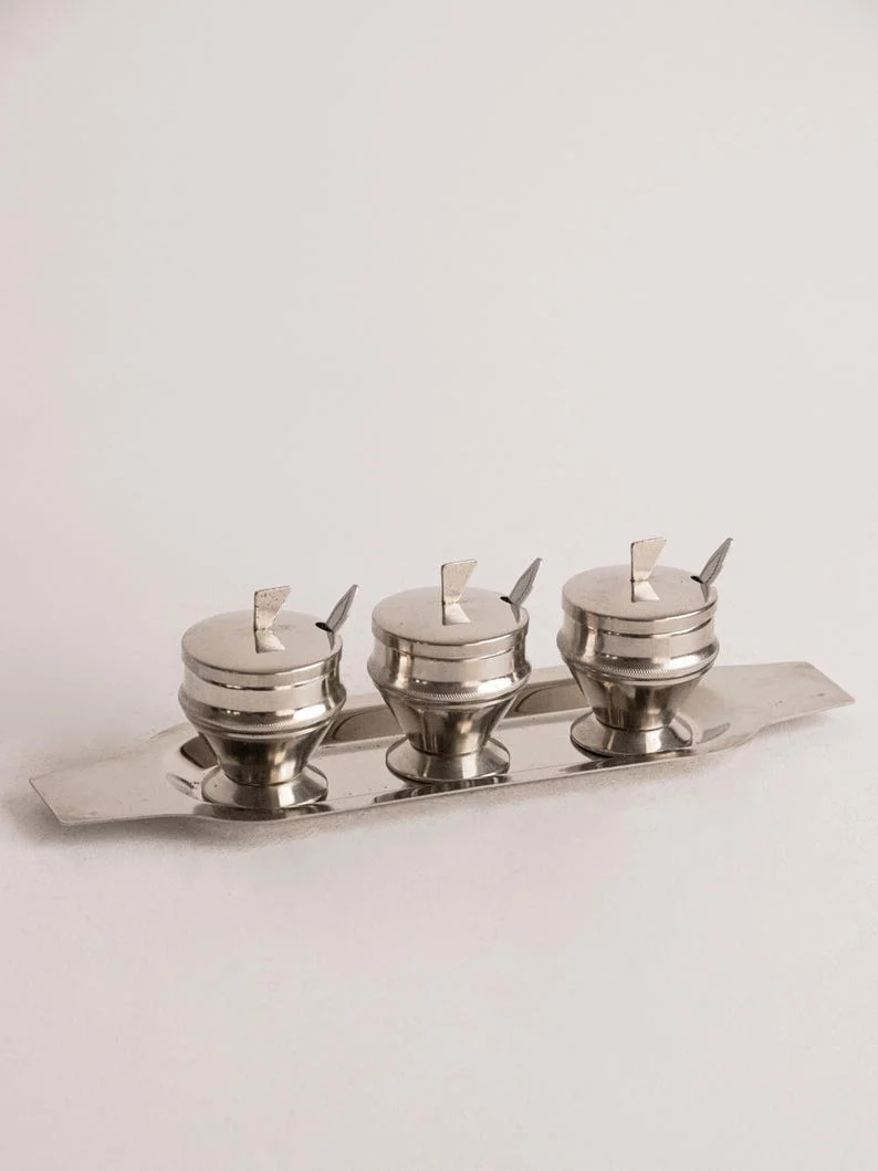 Polish Metal Condiment Set: Mid-century Kitchenware