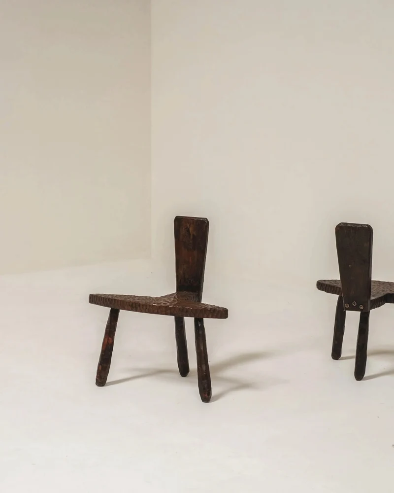 Pair of Hand-Carved Brutalist Wooden Chairs, France, 1950s