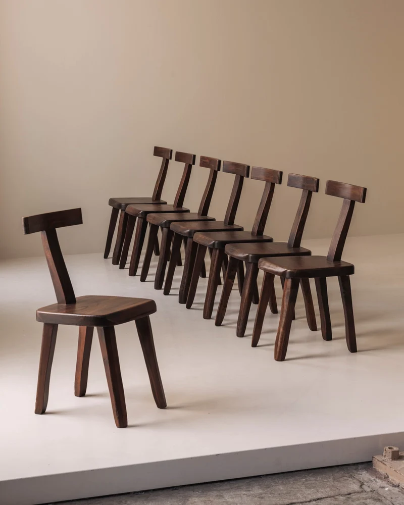Large Set of 8 Brutalist Wooden T Chairs by Aranjou, France 1960
