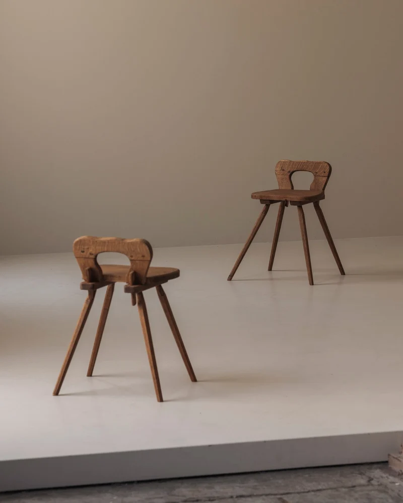 Sculptural Pair of French Solid Oak Side Chairs 1950