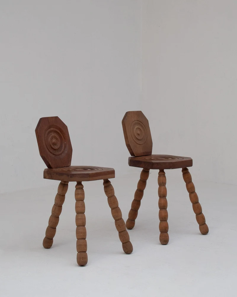 Pair of Sculptural Bobbin Stools with Backrests