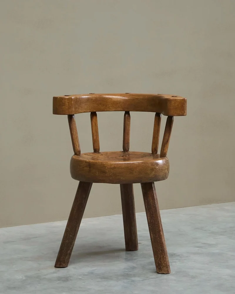 A Sculptural Three-Legged Provincial Vernacular Chair in Heavy Solid Oak France Early 20th Century