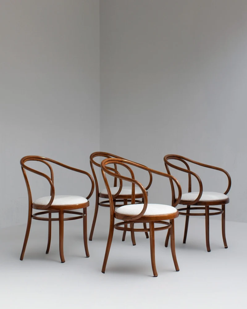 Set of Four Thonet Bentwood Armchairs in Walnut with Bouclé Upholstery