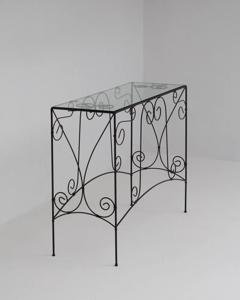 Vintage Wrought Iron Console Table With Glass Top