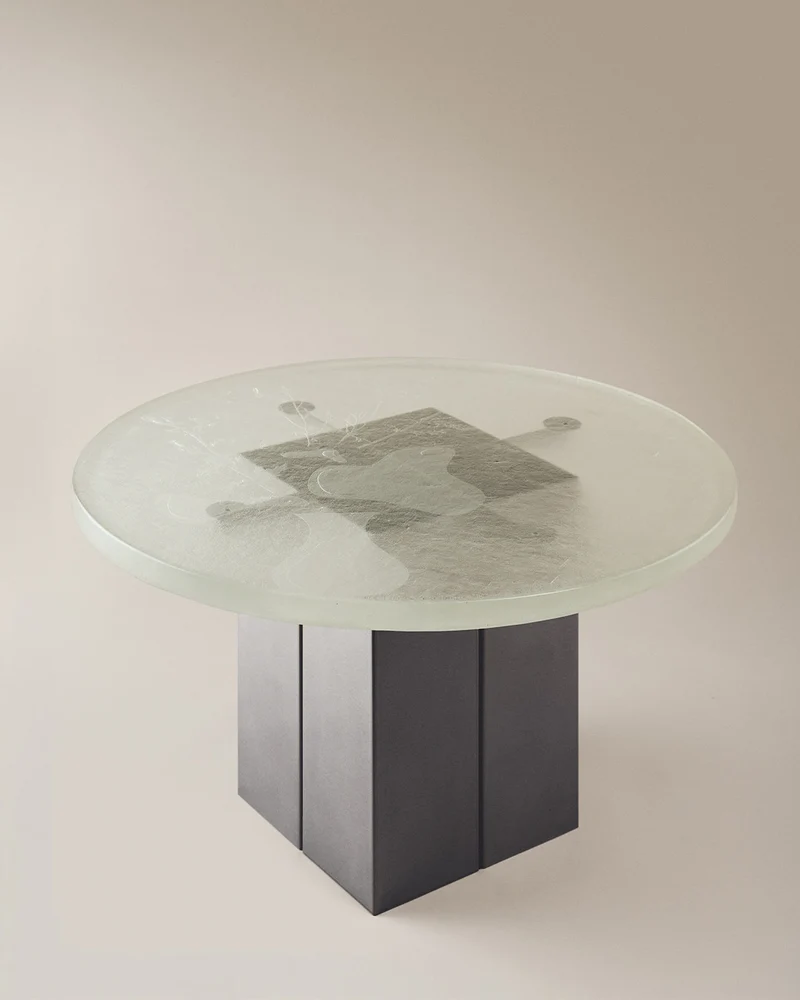 "SPILLED" Coffee Table, Engraved Glass Top
