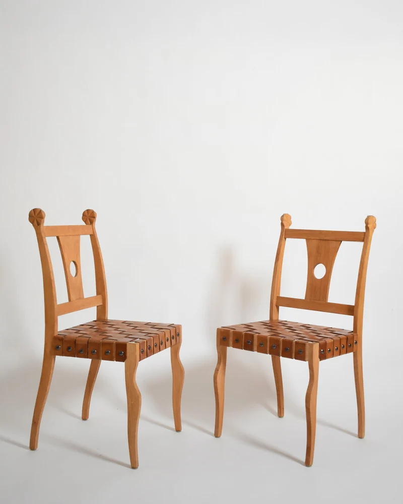 Pair of Etruscan Oak and Leather Chairs, 1970s