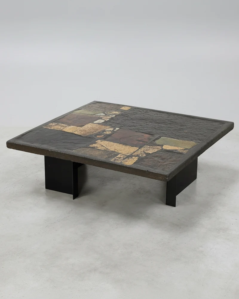 Paul Kingma Slate, Stone, and Brass Inlaid Coffee Table, 1970's
