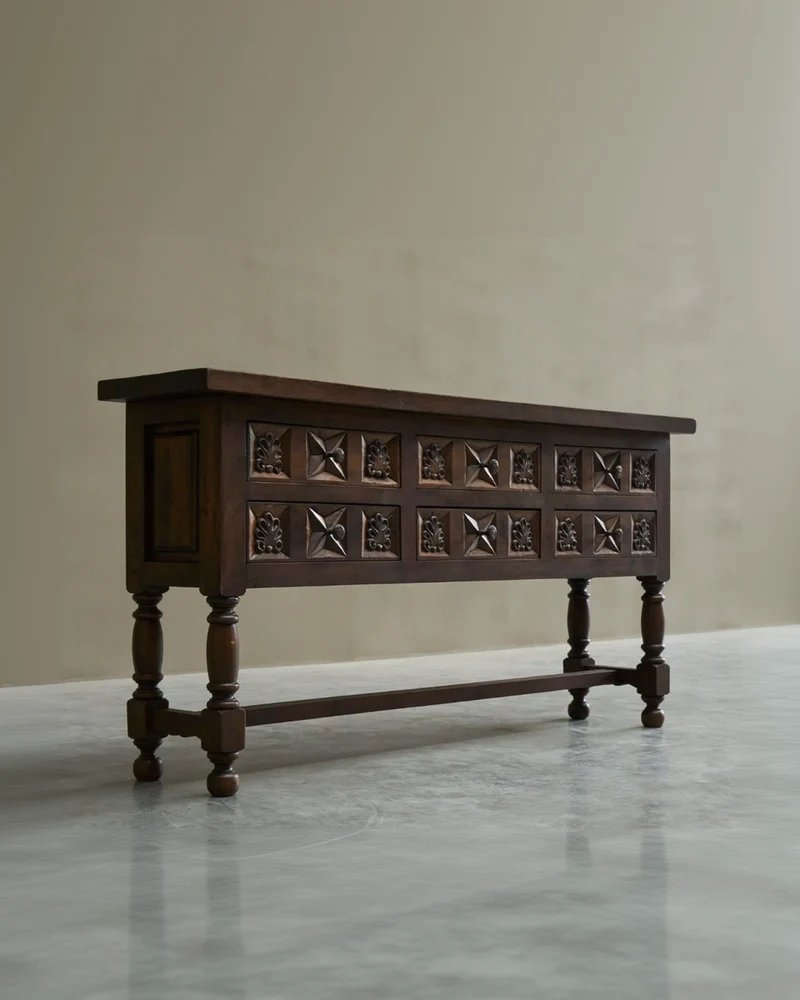 Spanish Style Sideboard in Hand-Carved Solid Walnut and Wrought Iron Early 20th Century