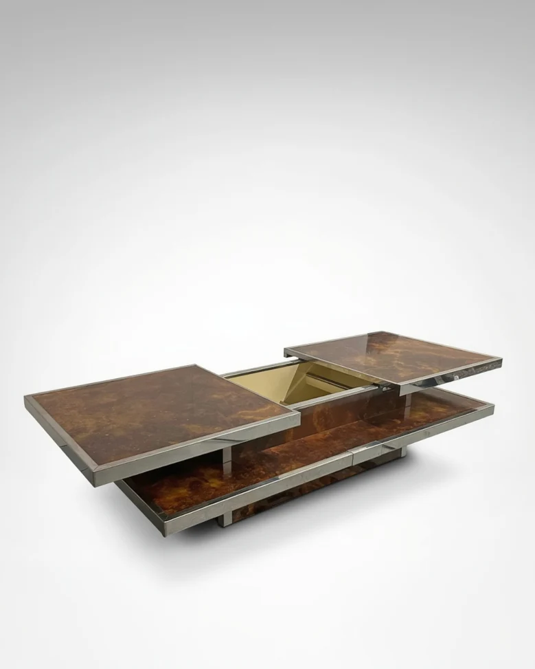 Sliding two tier burl wood and metal coffee table with integrated bar France 1980s
