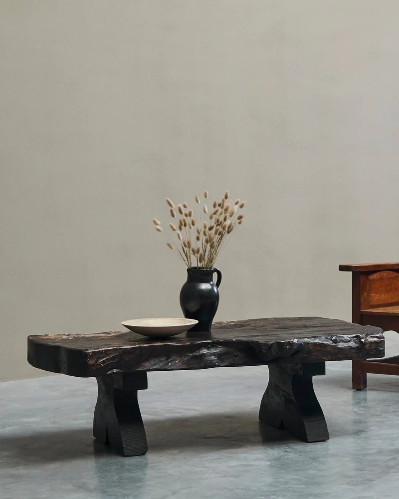 Sculptural Live Edge Coffee Table in Solid Dark Stained Wood