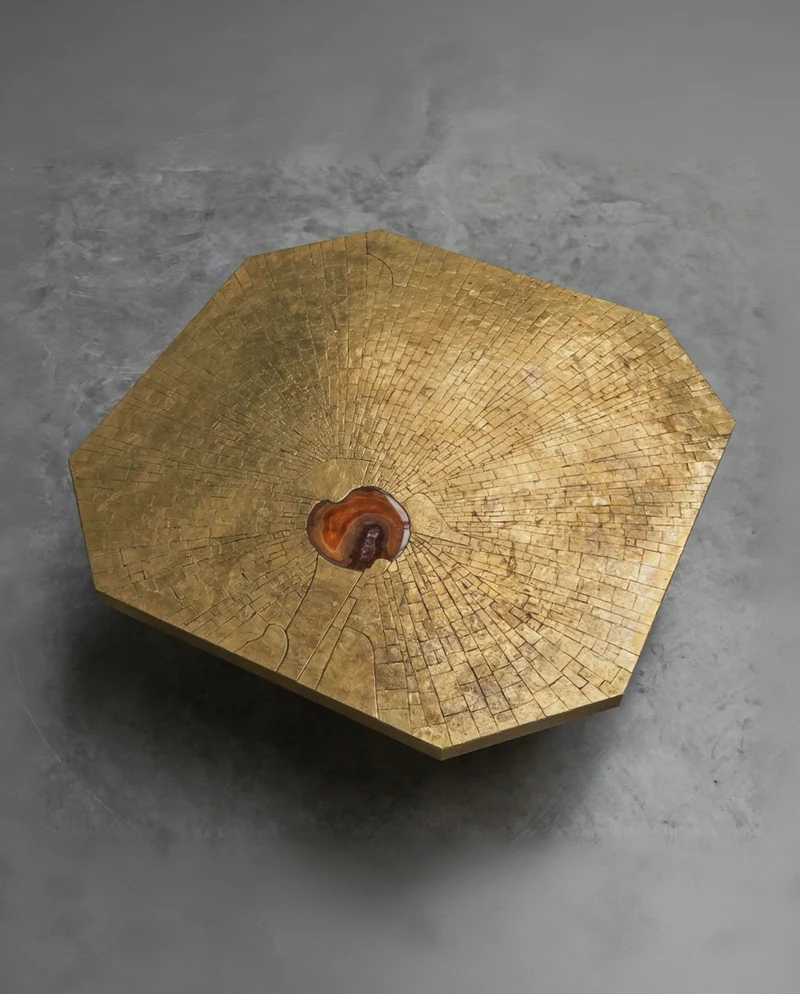 Christian Krekels Art Coffee Table in Inlaid Brass and Agate 1989