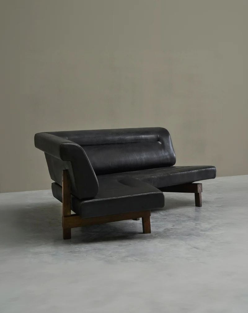 Martin Visser One-Off Boomerang Sofa in Solid Wengé and Black Leather