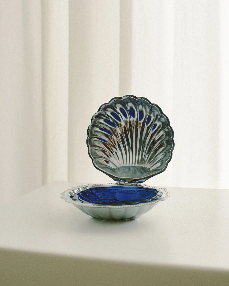 Silver-Plated Shell Butter Dish, Cobalt Blue Insert