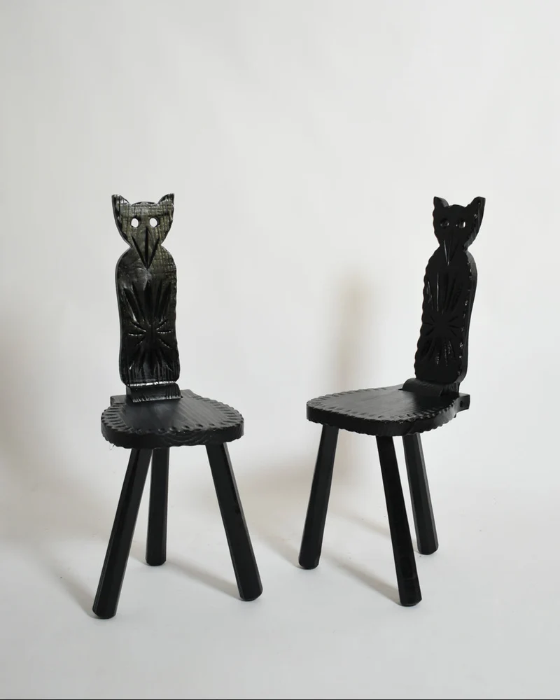 Pair of brutalist ebonised wood owl chairs, 1960s