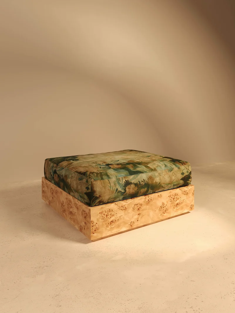 KAVA Collection II POUF – Maple Burl Finish, Pierre Frey Upholstery