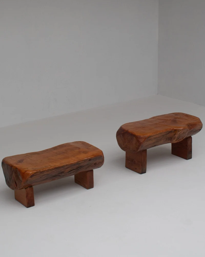 Pair of Rustic Wooden Sculptural Benches in Solid Wood