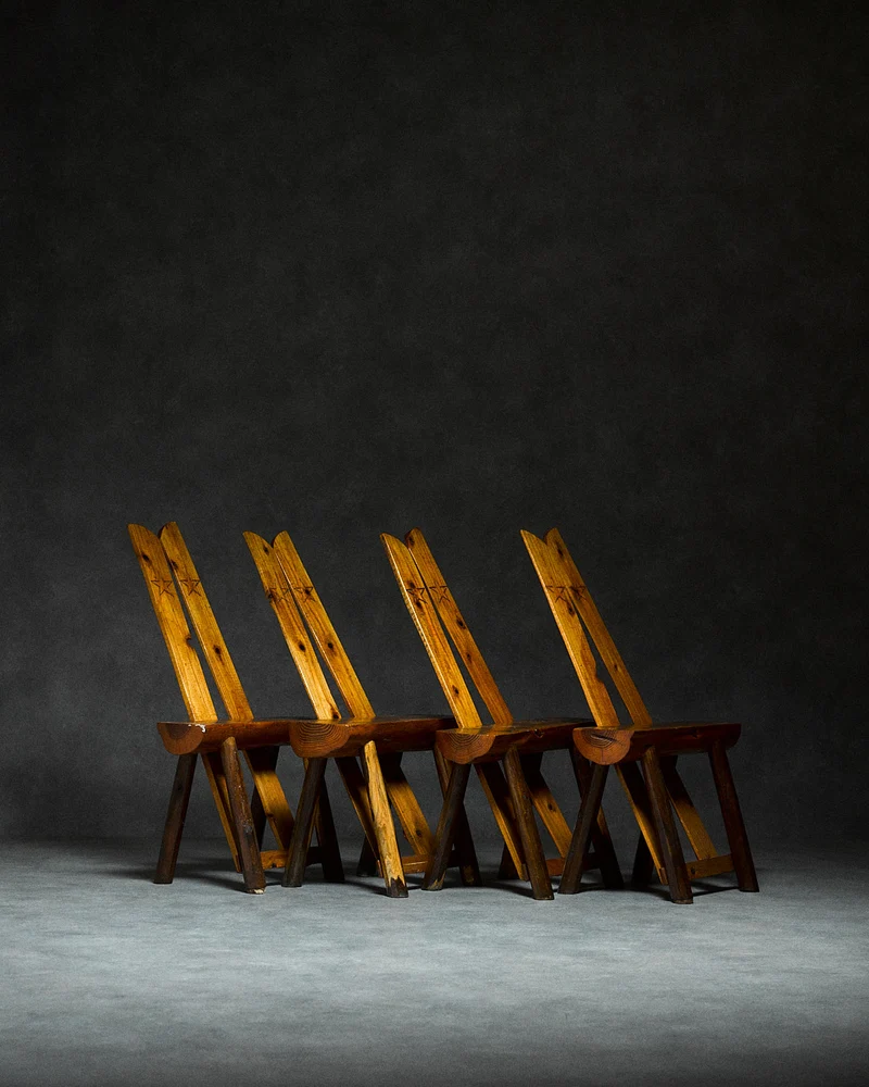 Set of 4 Folk-art Pine Chairs from the Italian Alps
