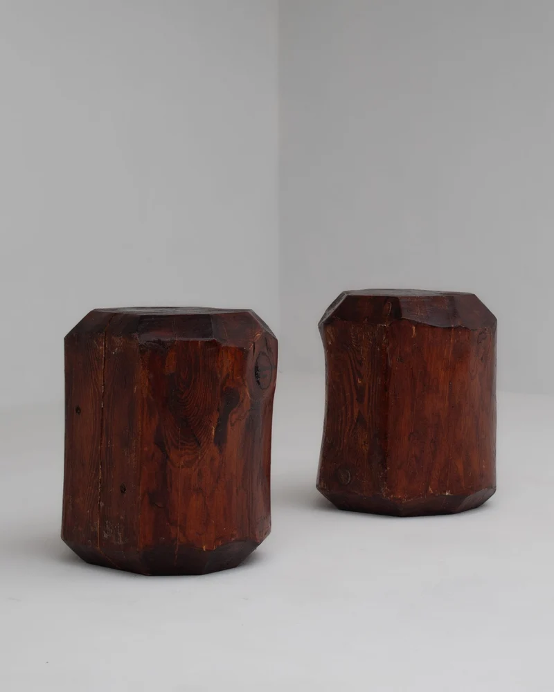 Sculptural Solid Wood Stools – Pair of Two Primitive Blocks