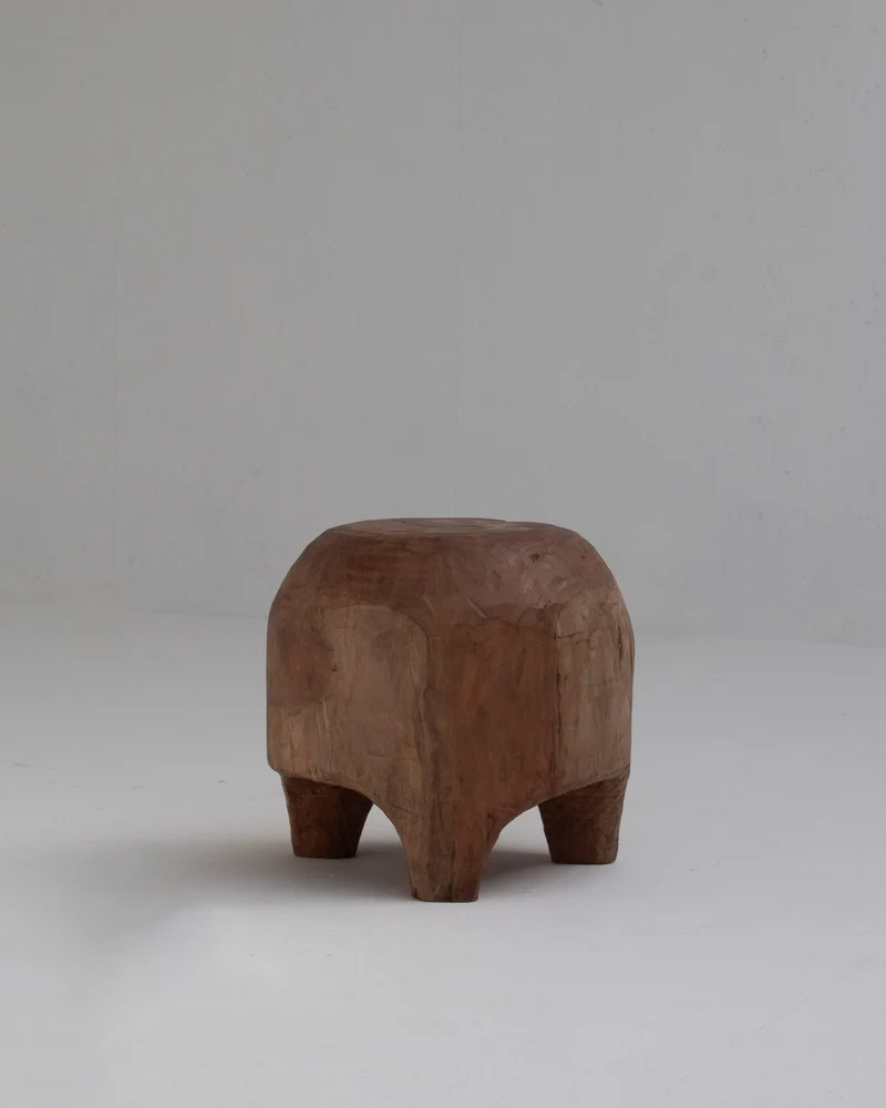 Sculptural Solid Wood Stool in Warm Natural Patina