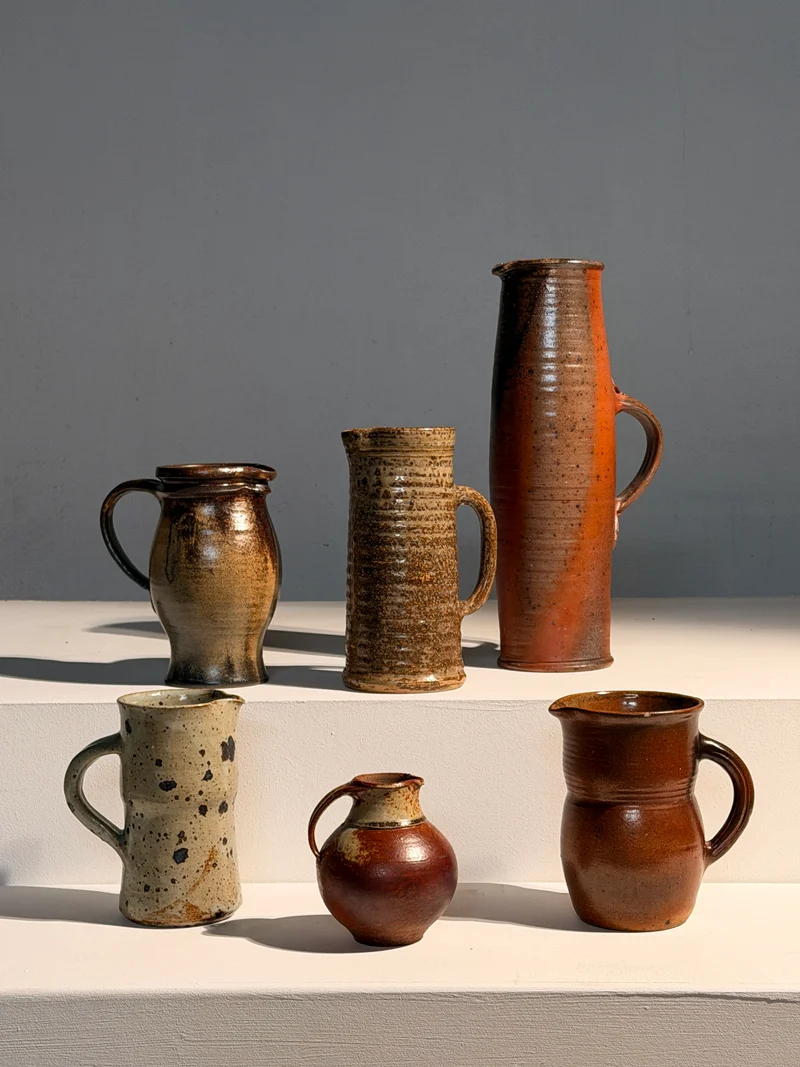 A sculptural collection of stoneware pitchers, France, 1960–1980