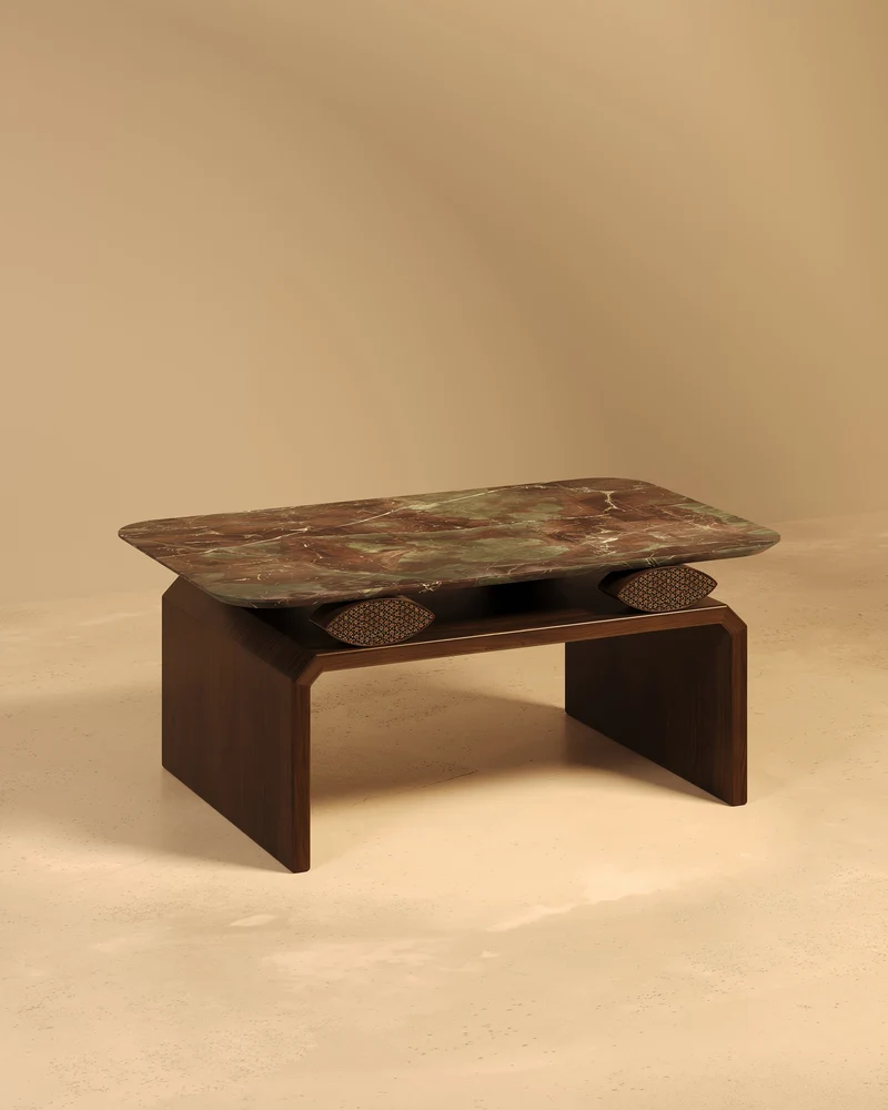 NAZAR II Coffee Table in Ocean Red Granite, Walnut and Khatam Marquetry