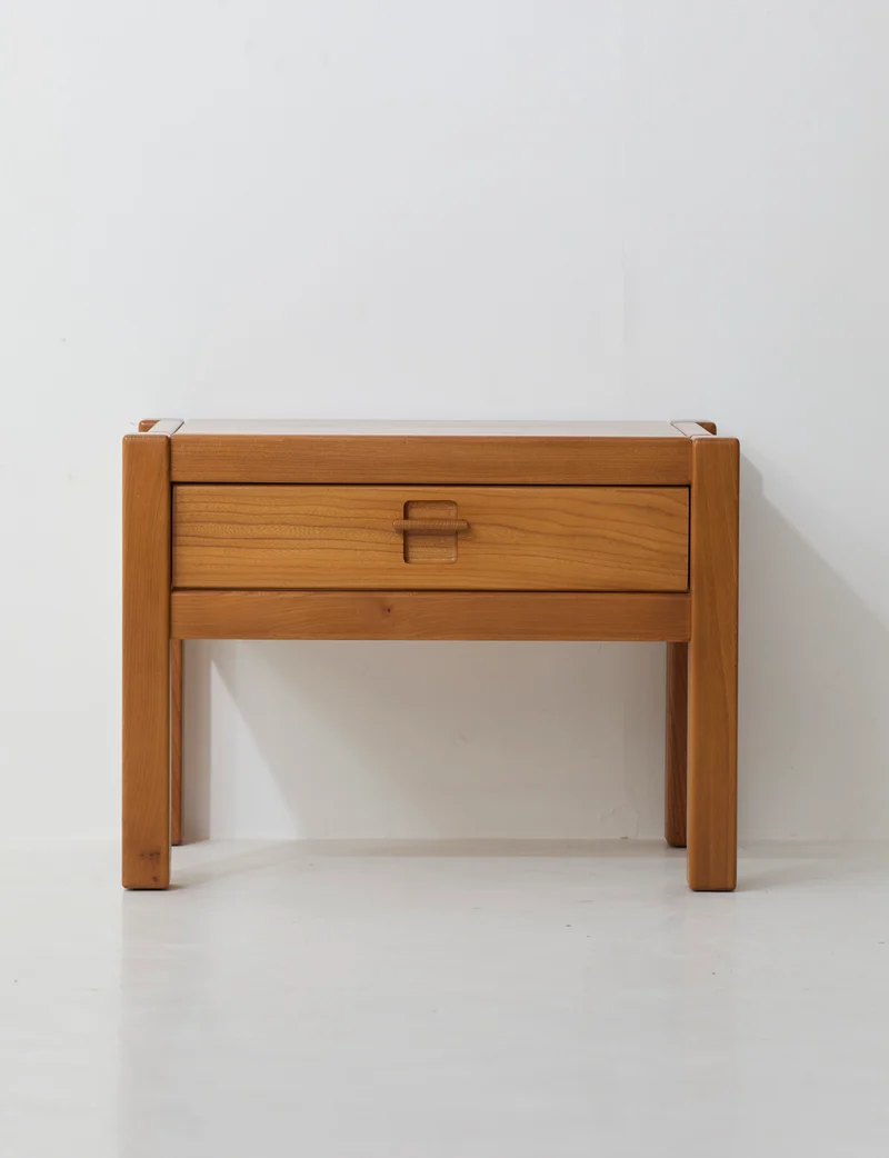 Vintage artisanal one-drawer Side Table in Wood (Elm), France circa 1980