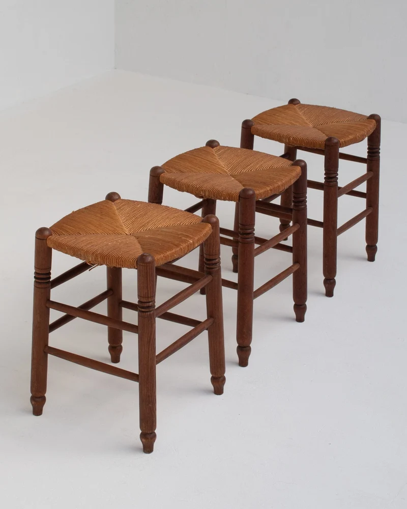 Set of 3 French Rattan Top Stools in Solid Wood